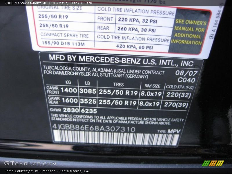 Black / Black 2008 Mercedes-Benz ML 350 4Matic