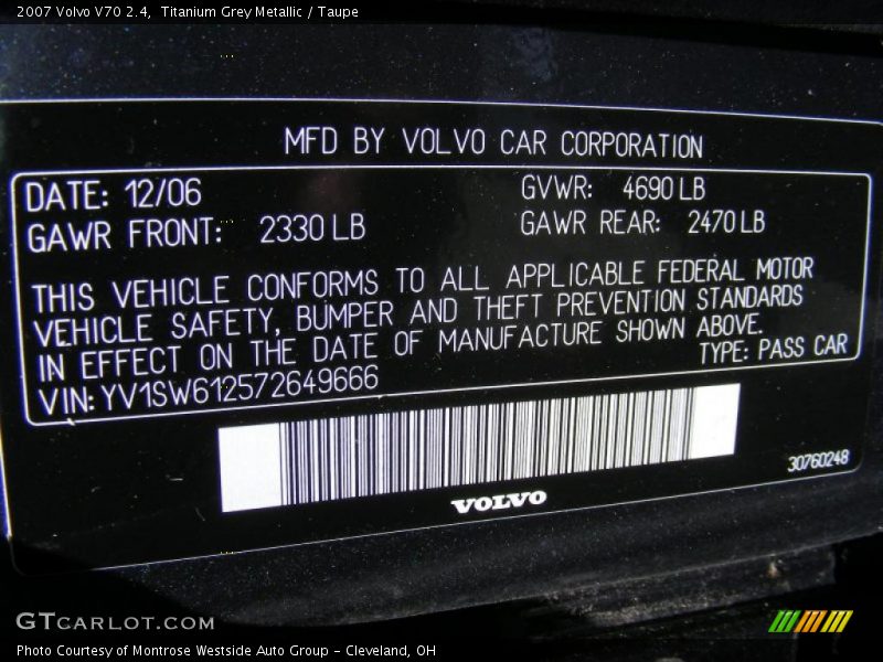 Titanium Grey Metallic / Taupe 2007 Volvo V70 2.4