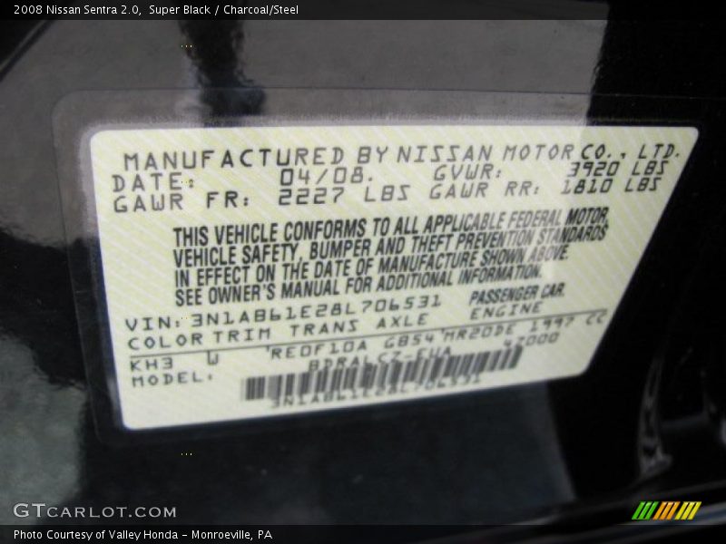 Super Black / Charcoal/Steel 2008 Nissan Sentra 2.0