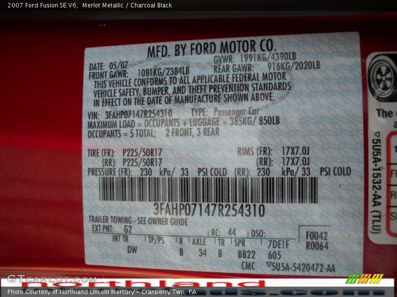 Merlot Metallic / Charcoal Black 2007 Ford Fusion SE V6