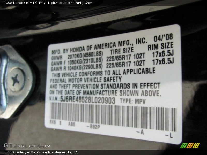 Nighthawk Black Pearl / Gray 2008 Honda CR-V EX 4WD