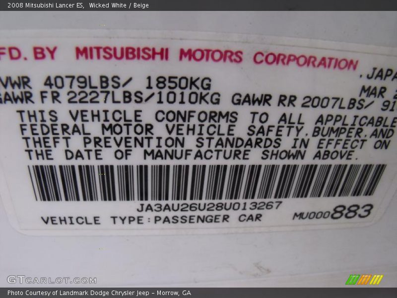 Wicked White / Beige 2008 Mitsubishi Lancer ES