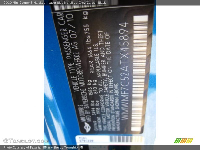 Laser Blue Metallic / Grey/Carbon Black 2010 Mini Cooper S Hardtop