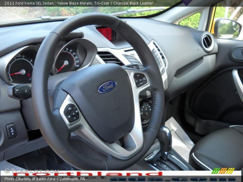 Yellow Blaze Metallic Tri-Coat / Charcoal Black Leather 2011 Ford Fiesta SEL Sedan