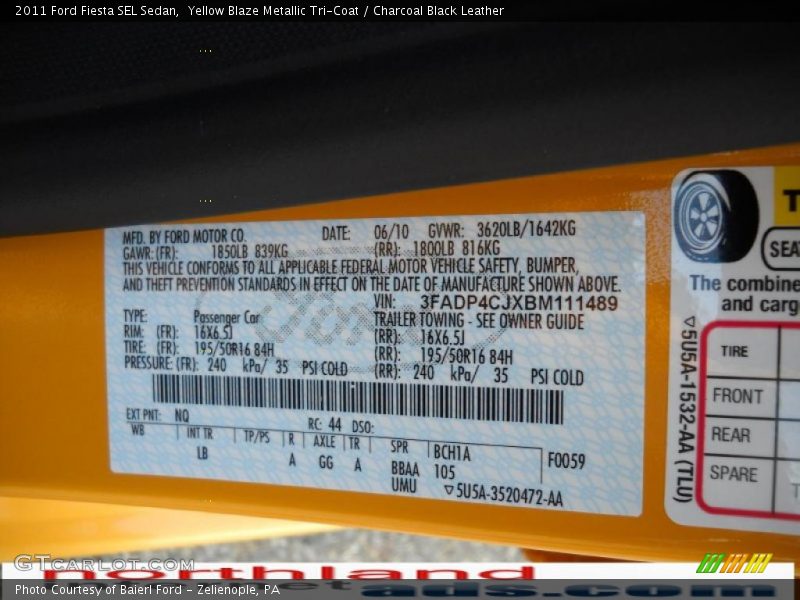 Yellow Blaze Metallic Tri-Coat / Charcoal Black Leather 2011 Ford Fiesta SEL Sedan