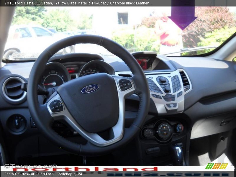 Yellow Blaze Metallic Tri-Coat / Charcoal Black Leather 2011 Ford Fiesta SEL Sedan