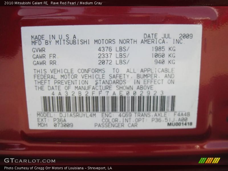 Rave Red Pearl / Medium Gray 2010 Mitsubishi Galant FE
