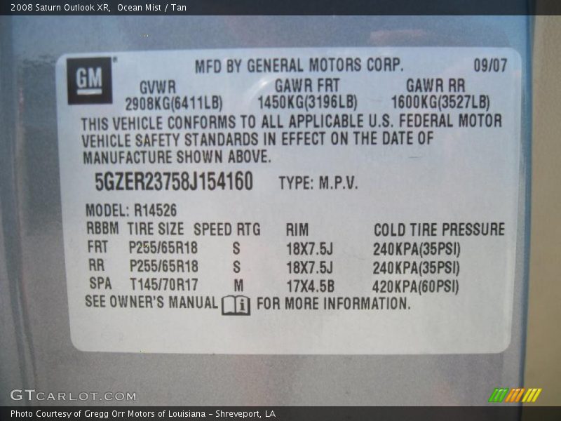 Ocean Mist / Tan 2008 Saturn Outlook XR