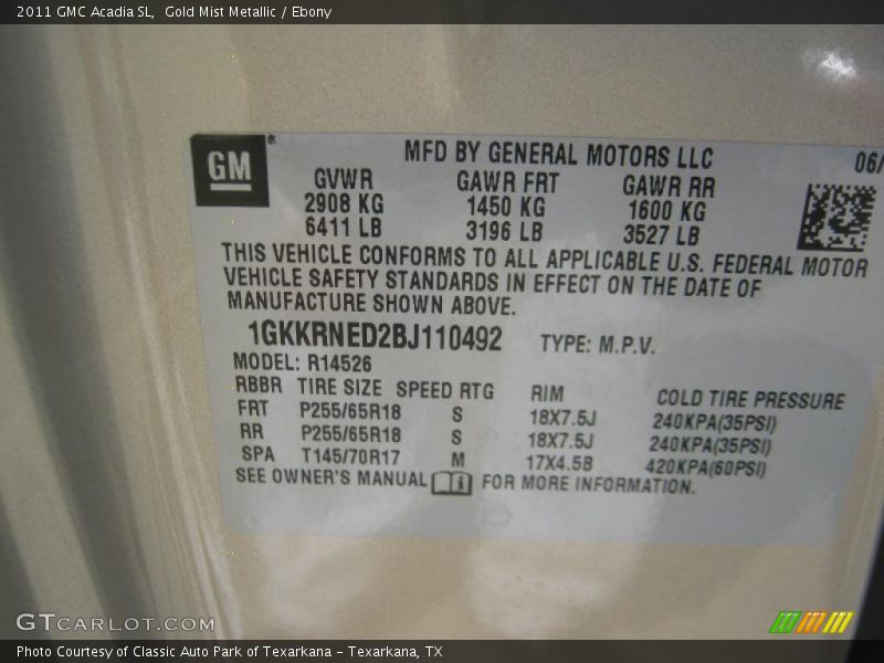 Gold Mist Metallic / Ebony 2011 GMC Acadia SL