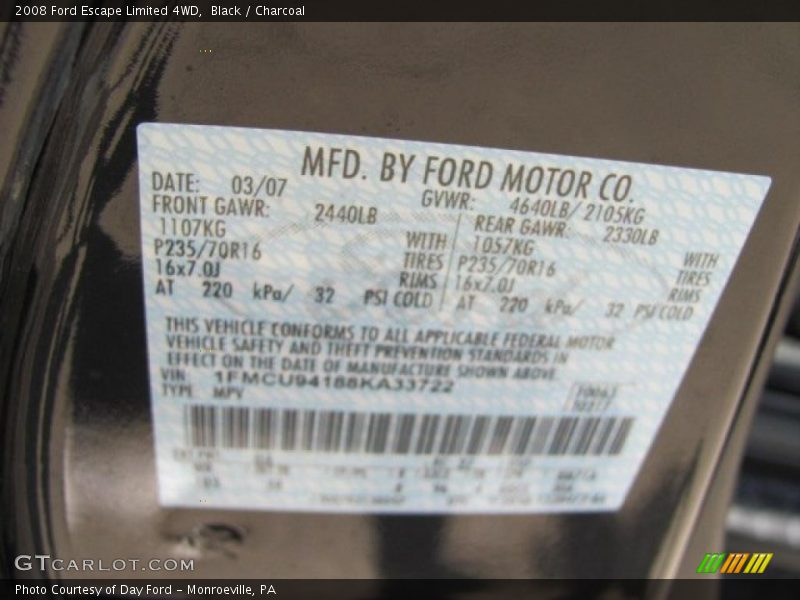 Black / Charcoal 2008 Ford Escape Limited 4WD