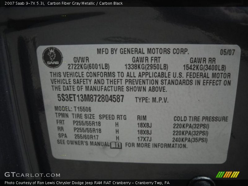 Carbon Fiber Gray Metallic / Carbon Black 2007 Saab 9-7X 5.3i