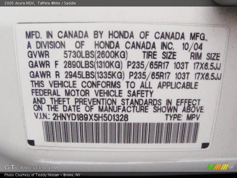 Taffeta White / Saddle 2005 Acura MDX