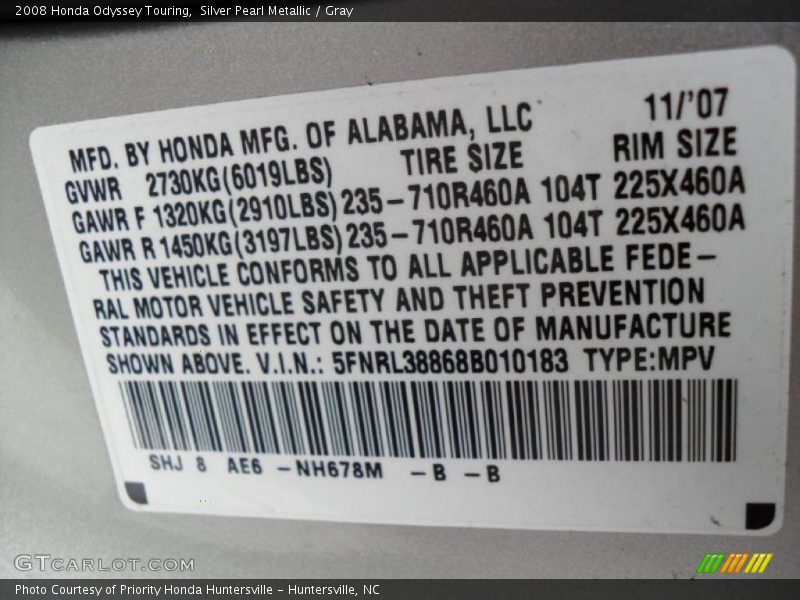 Silver Pearl Metallic / Gray 2008 Honda Odyssey Touring