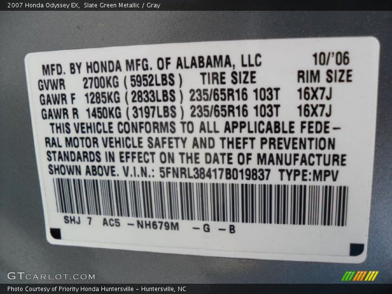 Slate Green Metallic / Gray 2007 Honda Odyssey EX