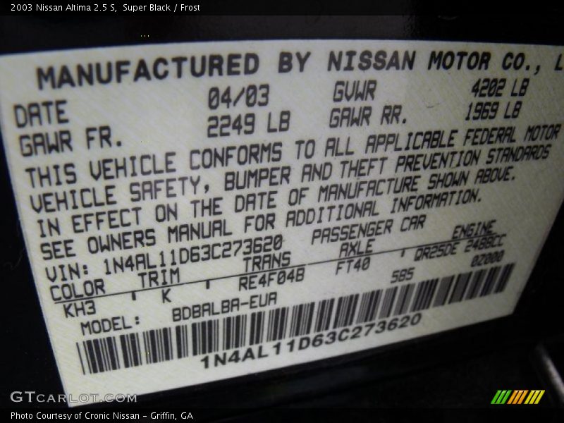 Super Black / Frost 2003 Nissan Altima 2.5 S