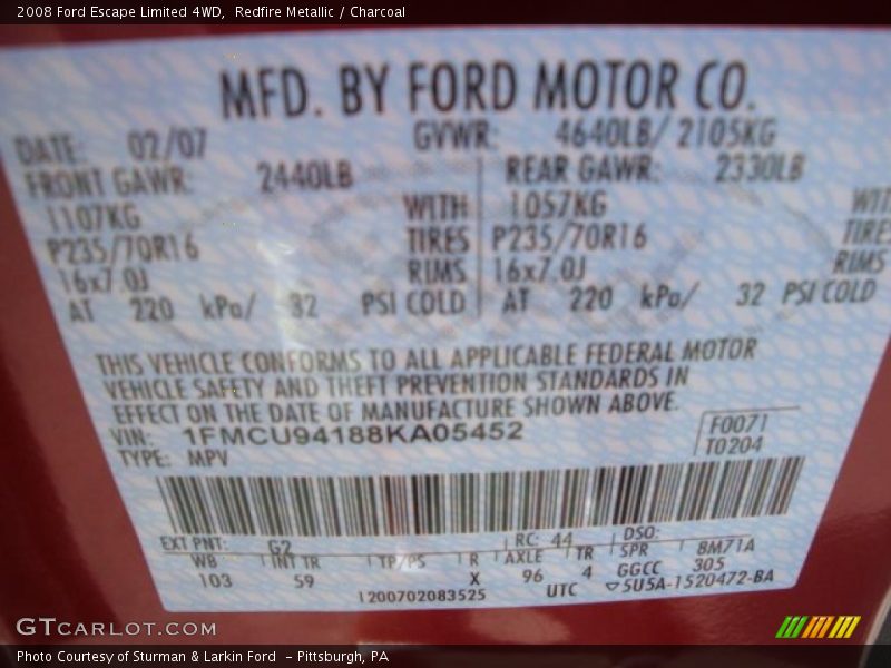 Redfire Metallic / Charcoal 2008 Ford Escape Limited 4WD