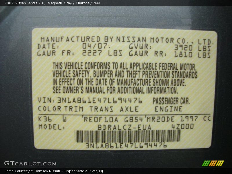 Magnetic Gray / Charcoal/Steel 2007 Nissan Sentra 2.0