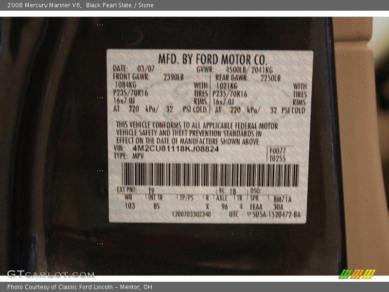 Black Pearl Slate / Stone 2008 Mercury Mariner V6