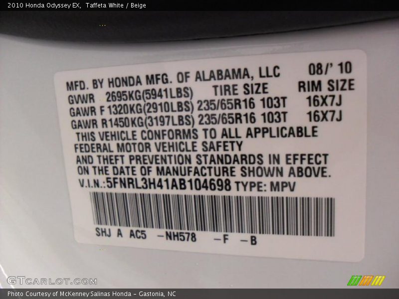 Taffeta White / Beige 2010 Honda Odyssey EX
