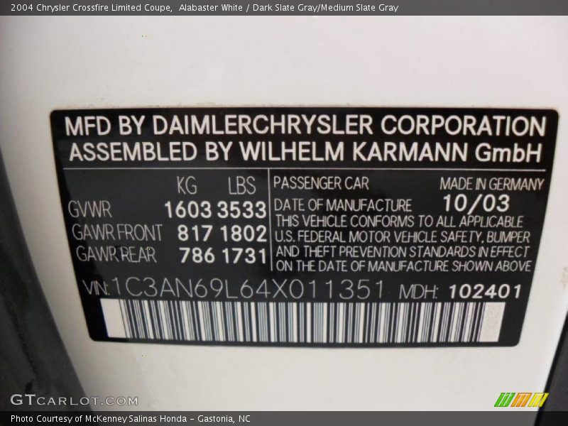 Info Tag of 2004 Crossfire Limited Coupe