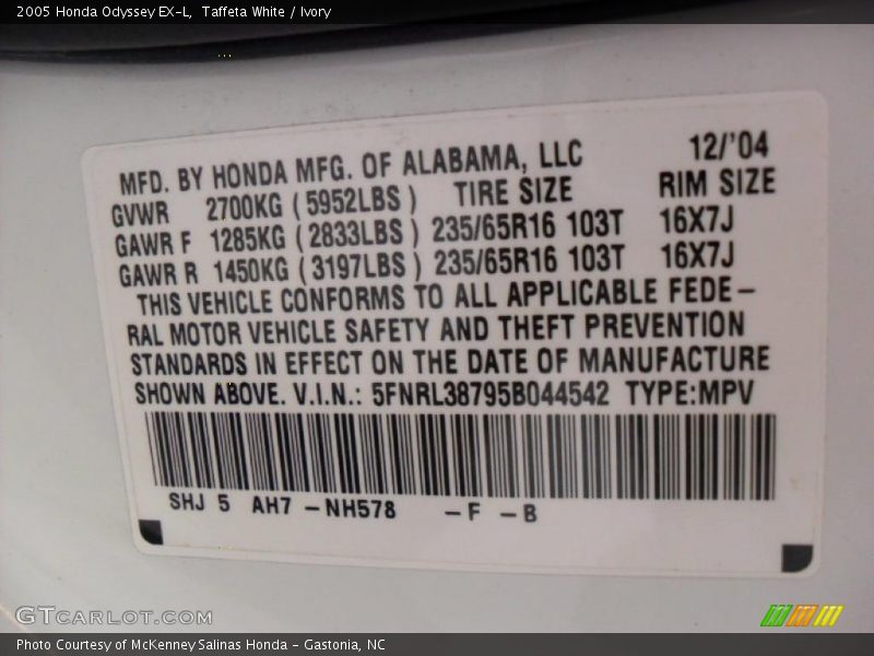 Taffeta White / Ivory 2005 Honda Odyssey EX-L