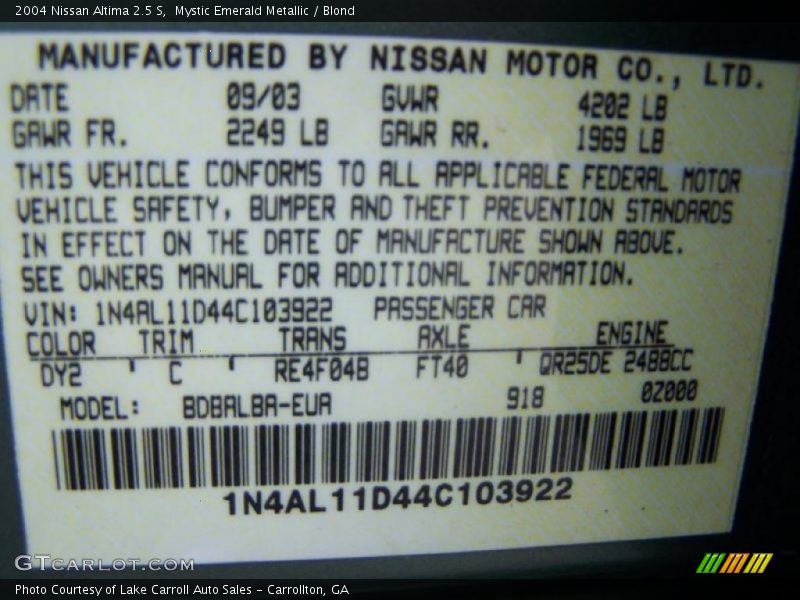 Mystic Emerald Metallic / Blond 2004 Nissan Altima 2.5 S