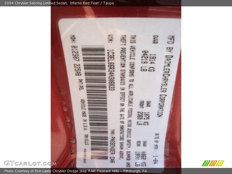 Inferno Red Pearl / Taupe 2004 Chrysler Sebring Limited Sedan