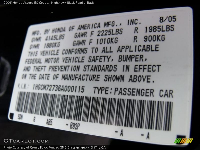 Nighthawk Black Pearl / Black 2006 Honda Accord EX Coupe