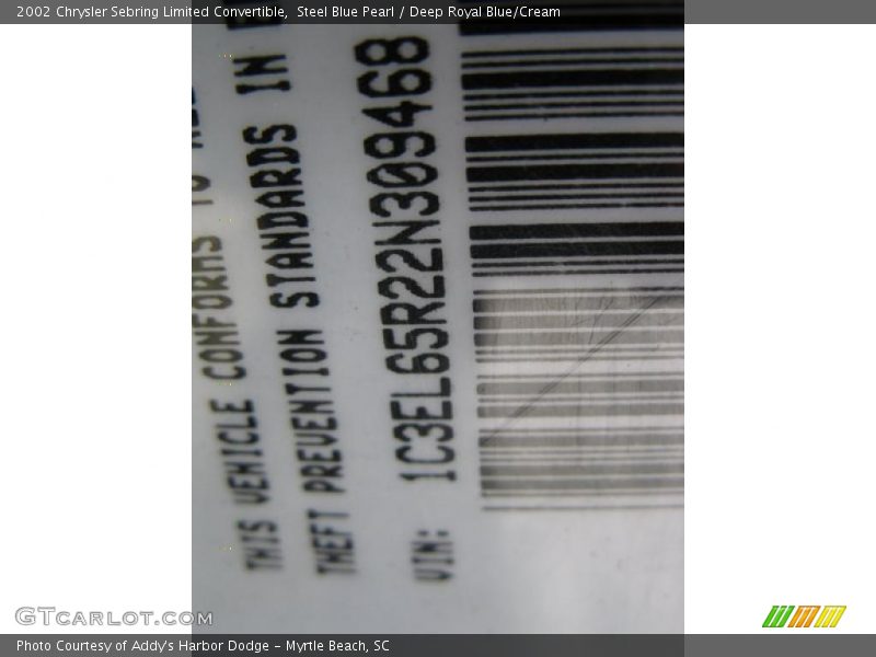 Steel Blue Pearl / Deep Royal Blue/Cream 2002 Chrysler Sebring Limited Convertible