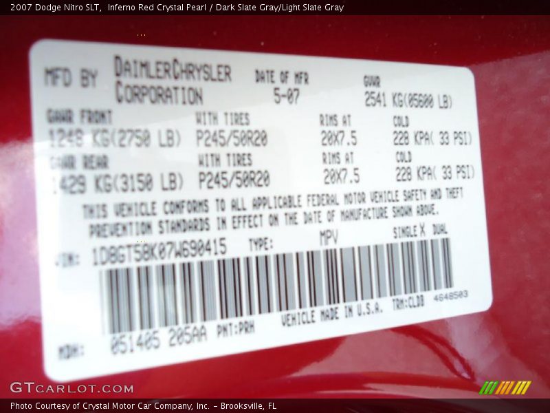 Inferno Red Crystal Pearl / Dark Slate Gray/Light Slate Gray 2007 Dodge Nitro SLT