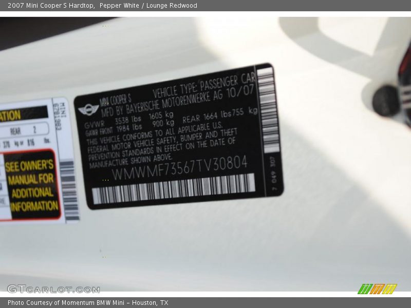 Pepper White / Lounge Redwood 2007 Mini Cooper S Hardtop