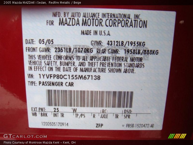 Redfire Metallic / Beige 2005 Mazda MAZDA6 i Sedan