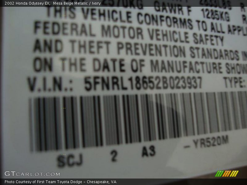 Mesa Beige Metallic / Ivory 2002 Honda Odyssey EX