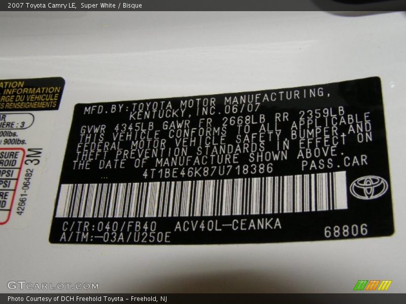 Super White / Bisque 2007 Toyota Camry LE