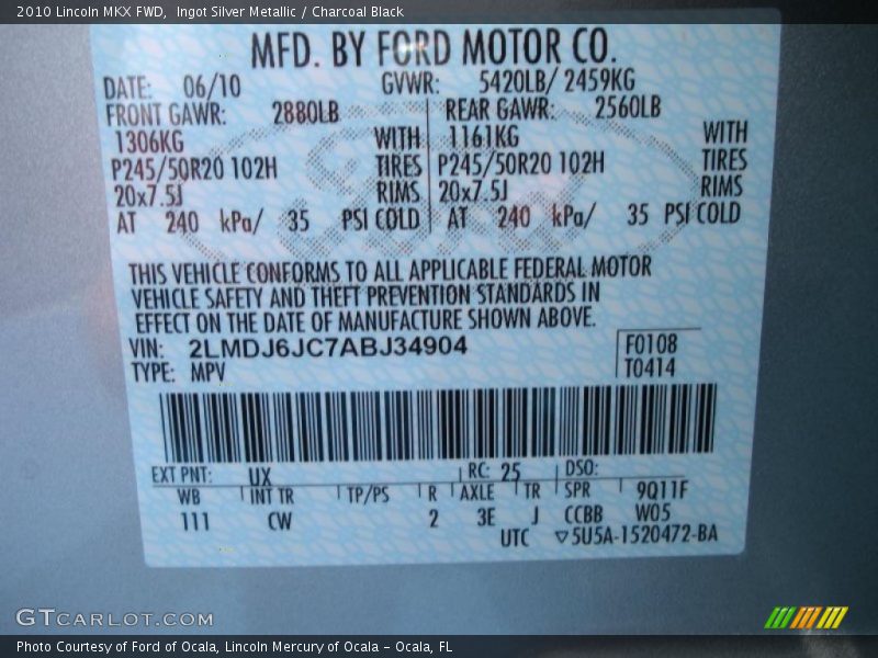 Ingot Silver Metallic / Charcoal Black 2010 Lincoln MKX FWD