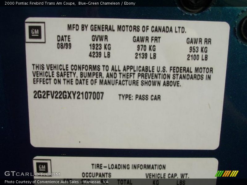 Blue-Green Chameleon / Ebony 2000 Pontiac Firebird Trans Am Coupe