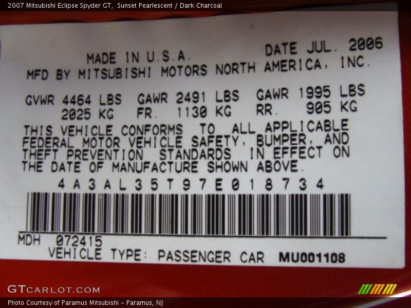 Sunset Pearlescent / Dark Charcoal 2007 Mitsubishi Eclipse Spyder GT