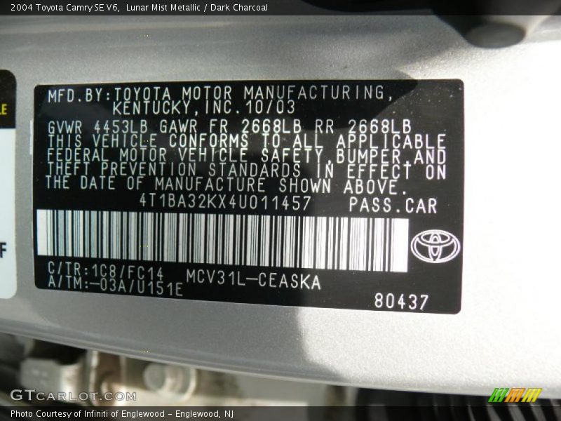 Lunar Mist Metallic / Dark Charcoal 2004 Toyota Camry SE V6