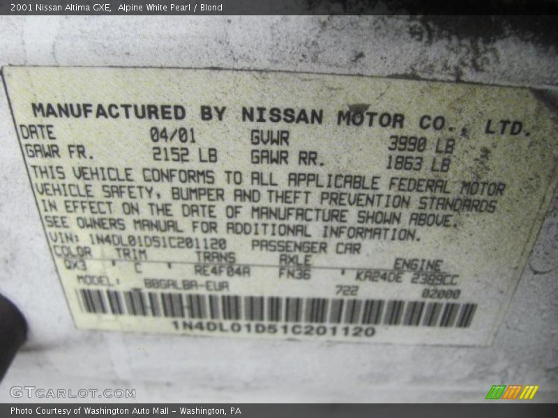 Alpine White Pearl / Blond 2001 Nissan Altima GXE