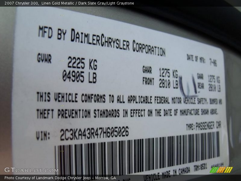 Linen Gold Metallic / Dark Slate Gray/Light Graystone 2007 Chrysler 300