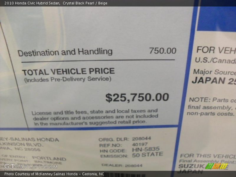 Crystal Black Pearl / Beige 2010 Honda Civic Hybrid Sedan