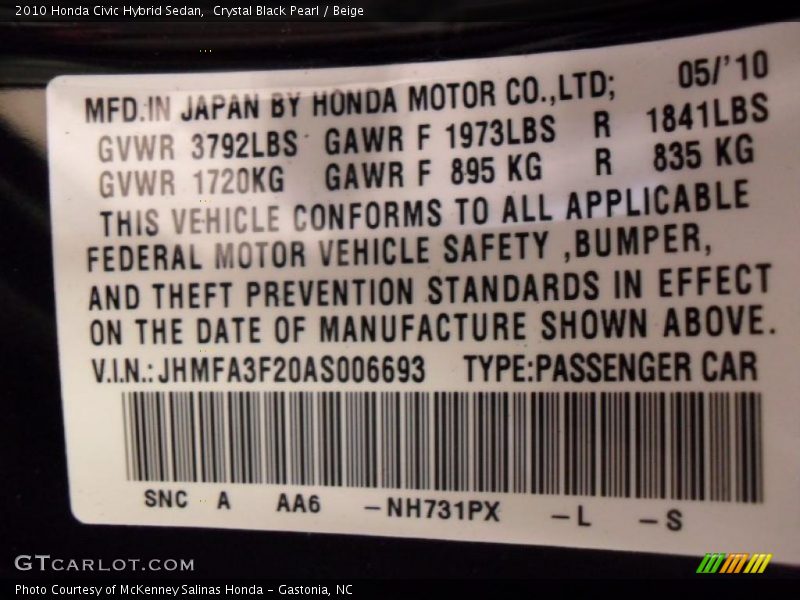 Crystal Black Pearl / Beige 2010 Honda Civic Hybrid Sedan