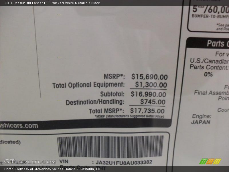 Wicked White Metallic / Black 2010 Mitsubishi Lancer DE
