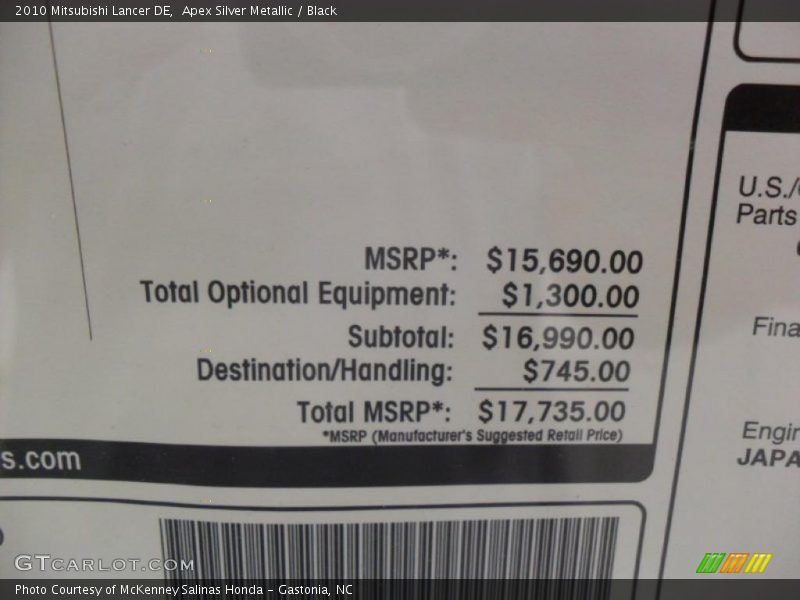 Apex Silver Metallic / Black 2010 Mitsubishi Lancer DE