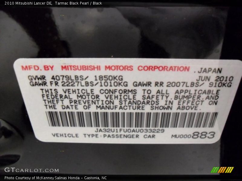 Tarmac Black Pearl / Black 2010 Mitsubishi Lancer DE