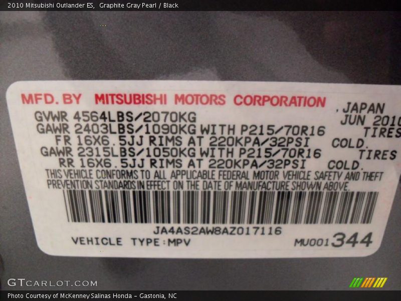 Graphite Gray Pearl / Black 2010 Mitsubishi Outlander ES
