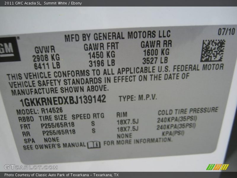 Summit White / Ebony 2011 GMC Acadia SL