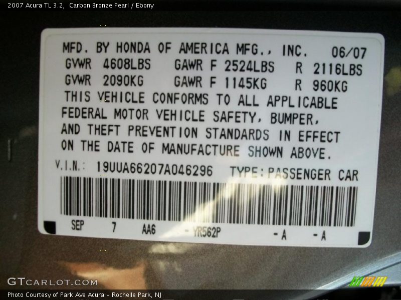Carbon Bronze Pearl / Ebony 2007 Acura TL 3.2