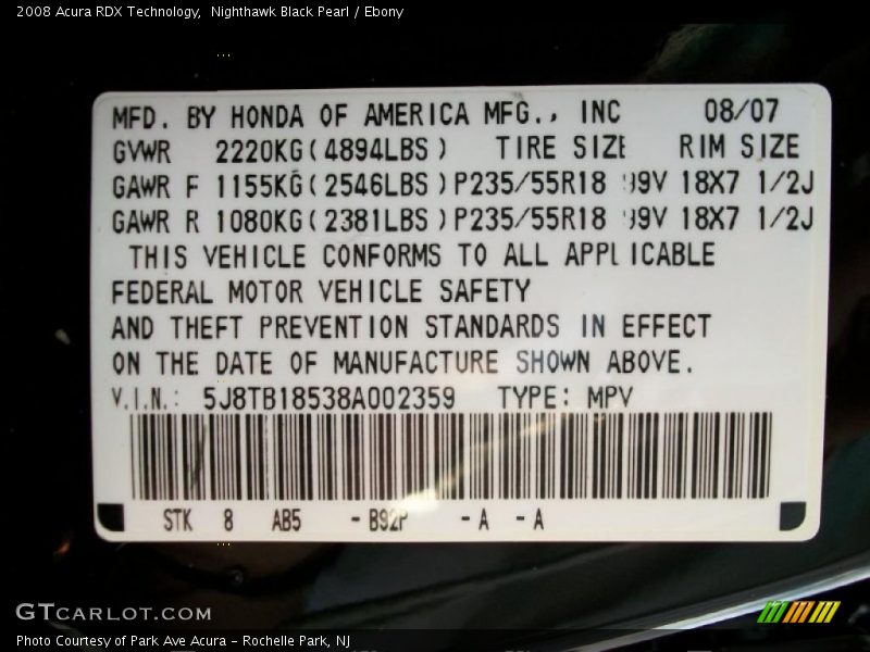 Nighthawk Black Pearl / Ebony 2008 Acura RDX Technology