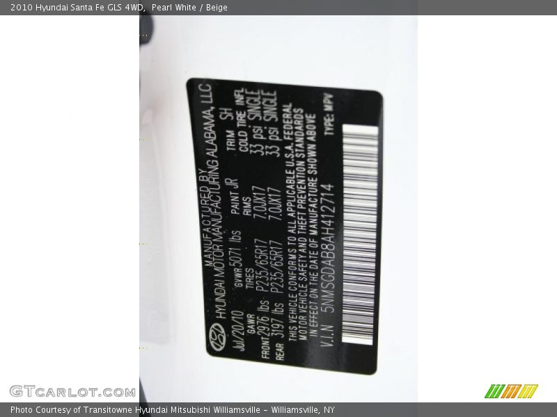 Pearl White / Beige 2010 Hyundai Santa Fe GLS 4WD